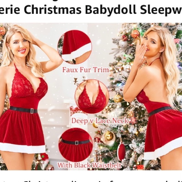 NWT Women's Sexy Santa Babydoll Lace Halter Top/Dress Lingerie set in Red. SizeM - Picture 2 of 11